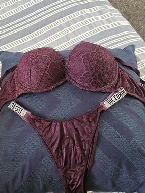 Victoria's Secret Womens Lace Push-Up Bra & Thong Set - Plum, Red, or Black